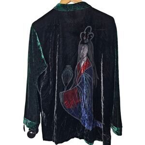 Look East Geisha Velvet Blouse Womens Large Green Y2K Floral Whimsygoth Fairy